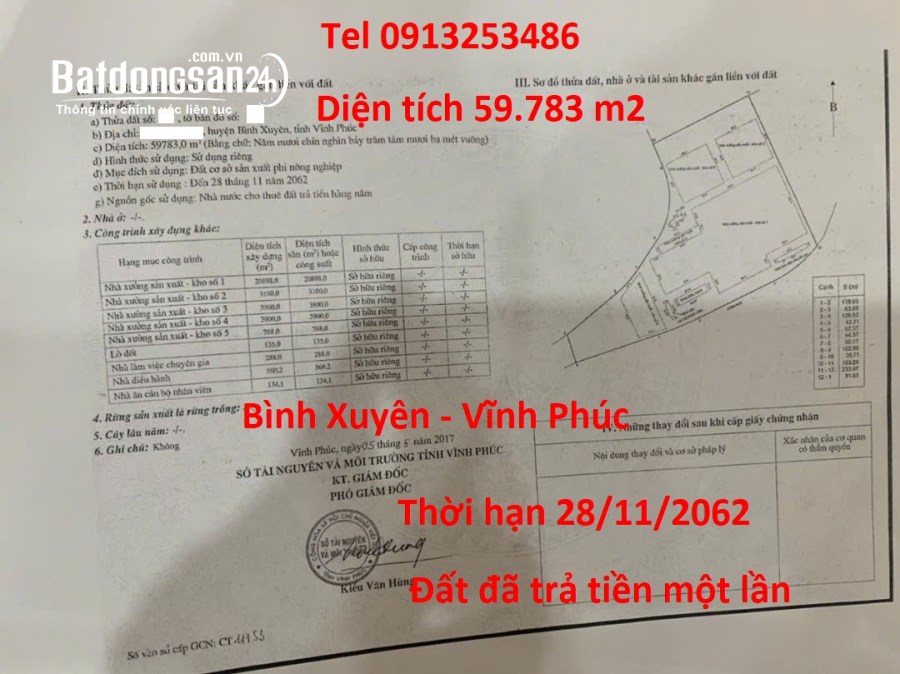 Bán 59783 m2 đất sản xuất phi nông nghiệp gần khu công nghiệp Bá Thiện – Tỉnh Phú Thọ