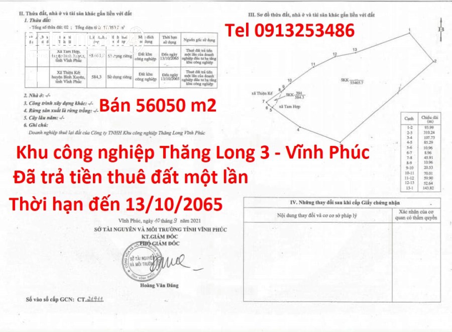 Bán 56050 m2 đất trong khu công nghiệp Thăng Long 3 Tỉnh Phú Thọ
