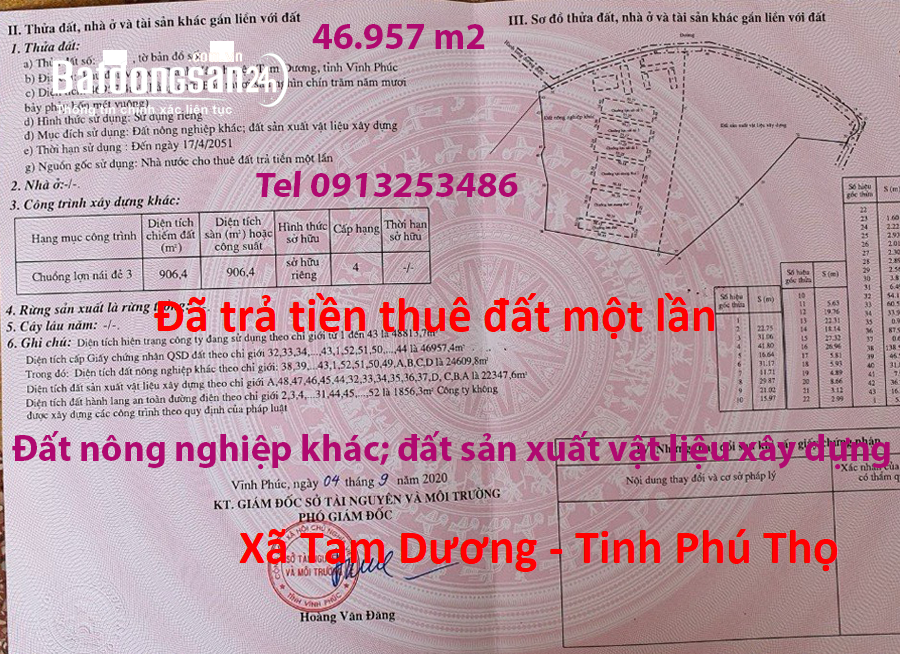 Bán 46957 m2 đất Tam Dương Tỉnh Phú Thọ có trang trại lợn đang cho thuê