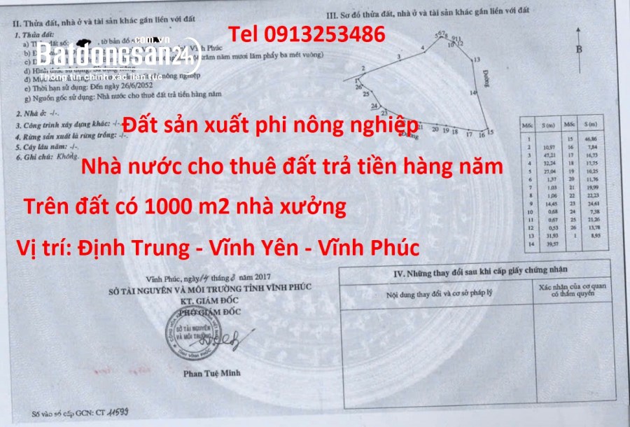 Bán 11155 m2 đất phi nông nghiệp có 1000 m2 nhà xưởng ở Vĩnh Yên, Tỉnh Phú Thọ