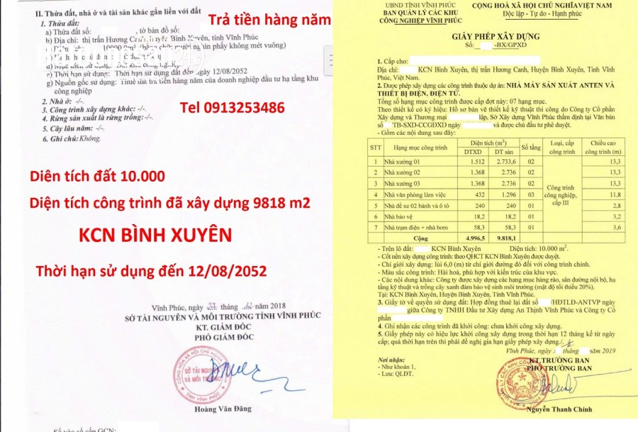 BÁN 10000 M2 ĐẤT CÓ 9818 M2 NHÀ XƯỞNG ở KCN BÌnh Xuyên - Tỉnh Phú Thọ