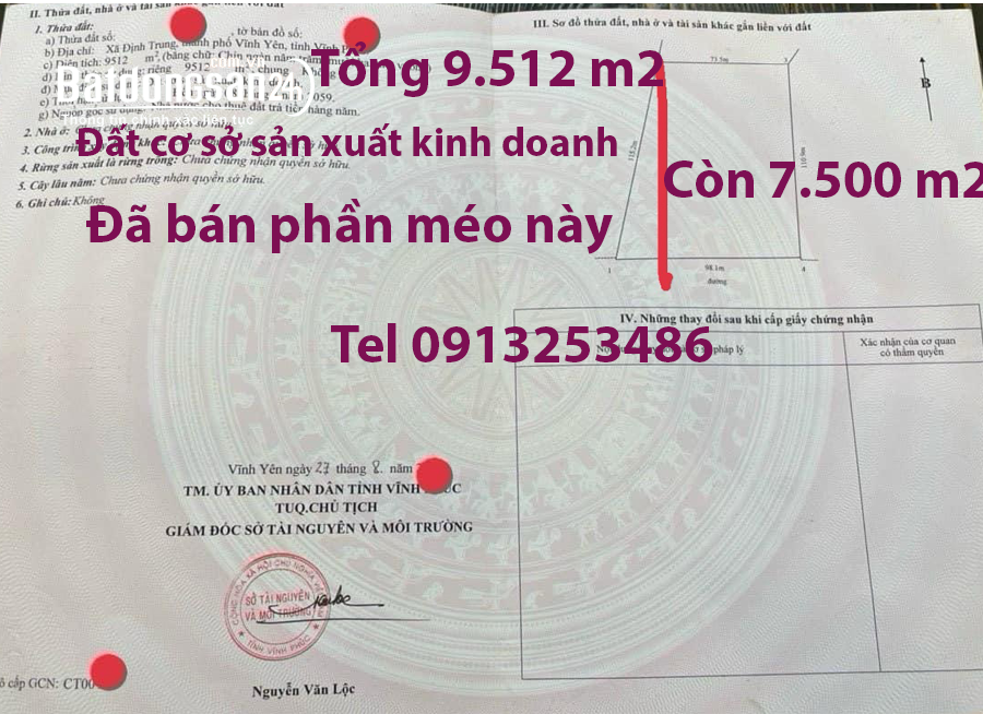 Bán 7500 m2 đất sản xuất kinh doanh tại Định Trung, Phường Vĩnh Yên - Tỉnh Phú Thọ