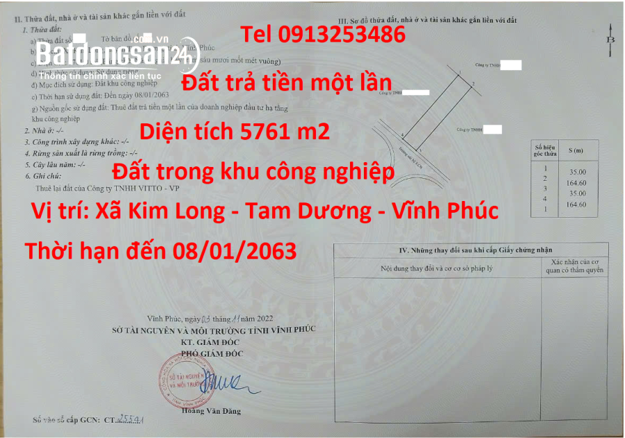 Bán 5761 m2 đất trong Khu công nghiệp Tam Dương - Tỉnh Phú Thọ