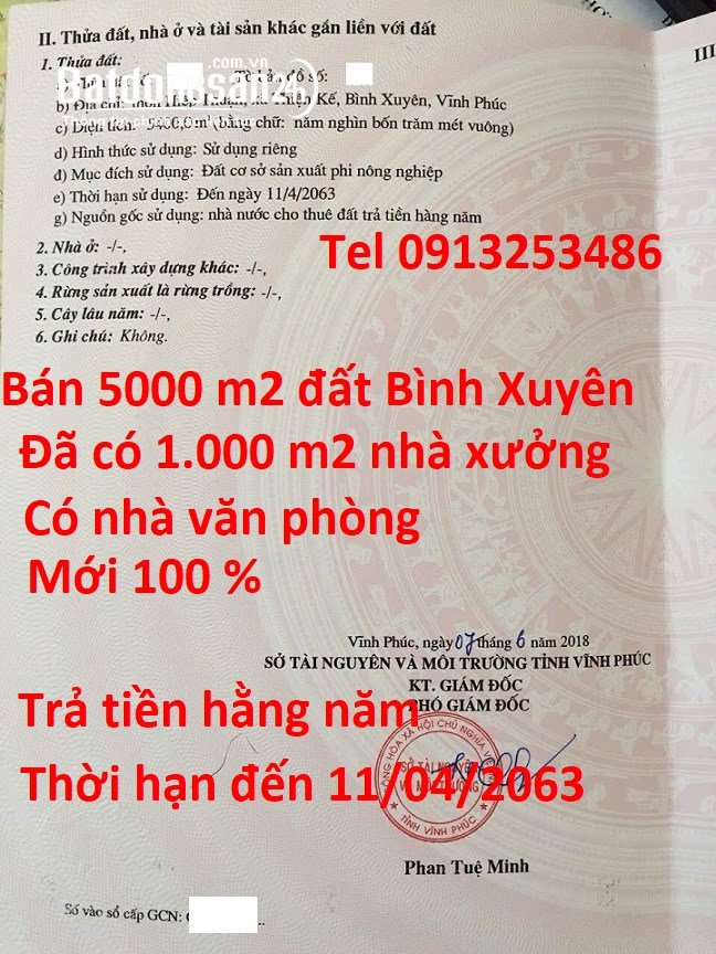 Bán 5400 m2 đất cơ sở sản xuất phi nông nghiệp ở xã Bình Xuyên - Tỉnh Phú Thọ