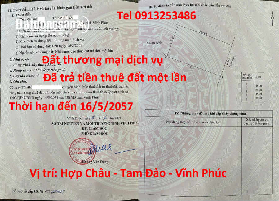 Bán 3510 m2 đất thương mại dịch vụ ở Hợp Châu Xã Tam Đảo - Tỉnh Phú Thọ