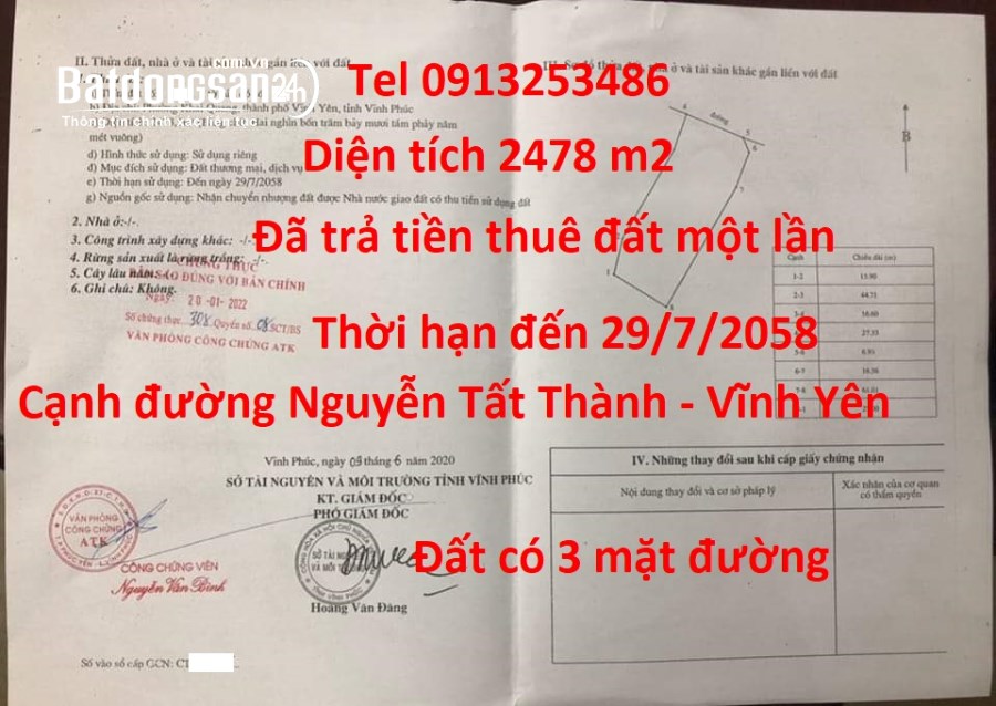 Bán 2478 m2 đất thương mại dịch vụ đường Nguyễn Tất Thành - P.Vĩnh yên - Tỉnh Phú Thọ