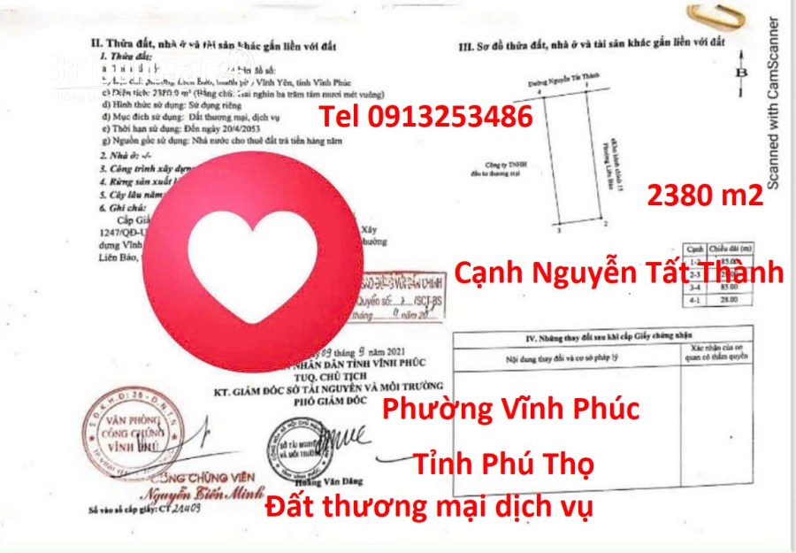 Bán 2380 m2 đất thương mại dịch vụ đường Nguyễn Tất Thành - P.Vĩnh Yên - Tỉnh Phú Thọ