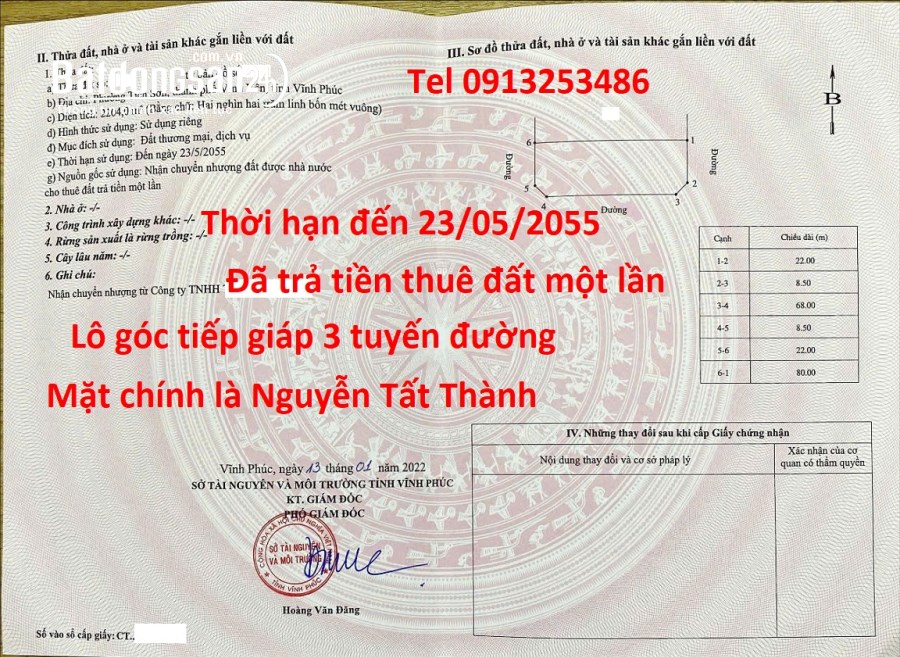 Bán 2204 m2 đất thương mại dịch vụ đường Nguyễn Tất Thành - P.Vĩnh Yên - Tỉnh Phú Thọ
