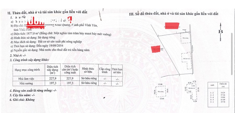 Bán 1877 m2 đất sản xuất phi nông nghiệp (có nhà xưởng) ở P.Vĩnh Phúc - Tỉnh Phú Thọ