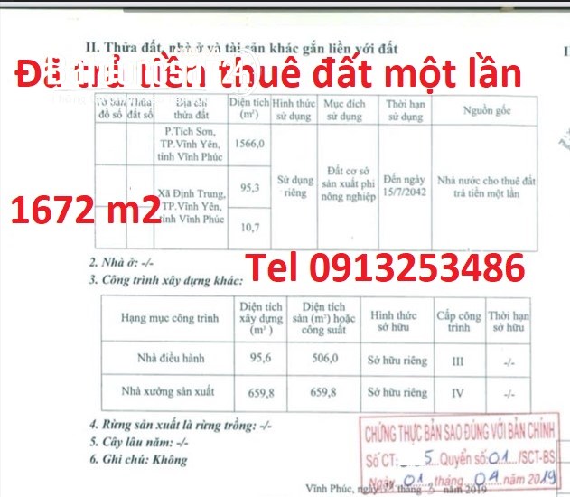 Bán 1672 m2 đất sản xuất phi nông nghiệp Nguyễn Tất Thành - P.Vĩnh Yên - Tỉnh Phú Thọ