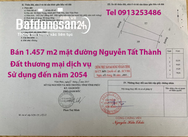 Bán 1457 m2 đất thương mại dịch vụ đường Nguyễn Tất Thành - P.Vĩnh Yên - Tỉnh Phú Thọ