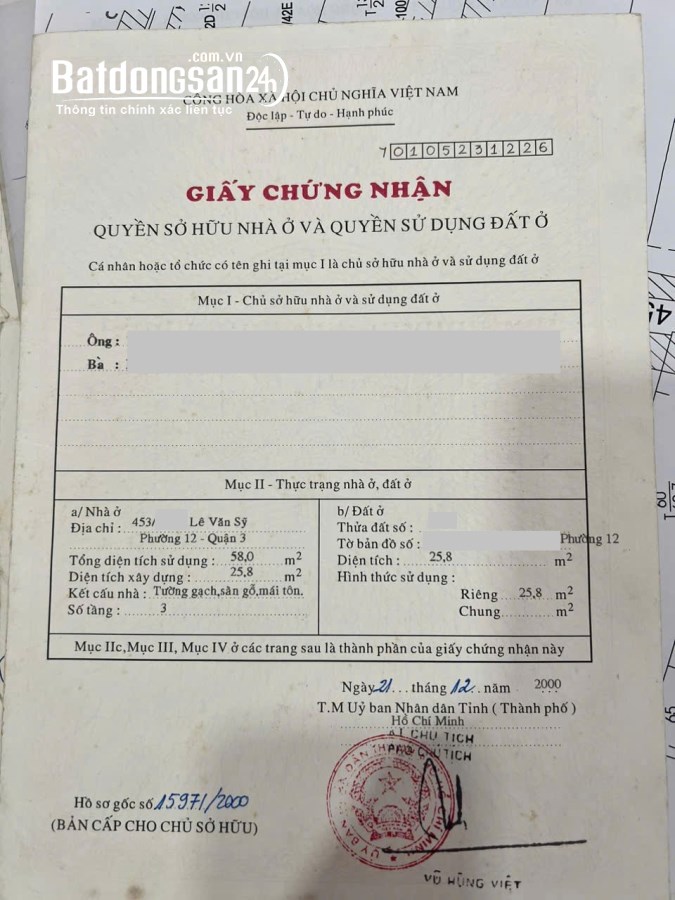 Bán nhà Đường Lê Văn Sỹ, Phường Nhiêu Lộc (Quận 3 cũ), Hồ Chí Minh