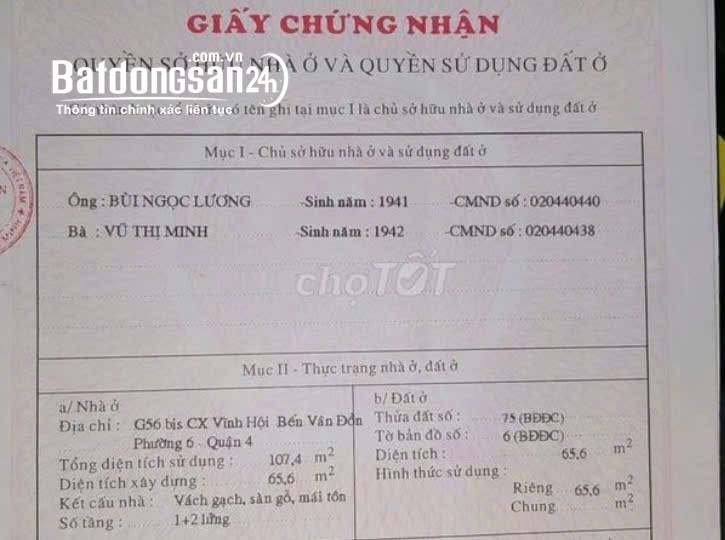 BÁN NHÀ MẶT TIỀN KHU CƯ XÁ VĨNH HỘI Phường Khánh Hội (Quận 4 cũ), TP Hồ Chí Minh