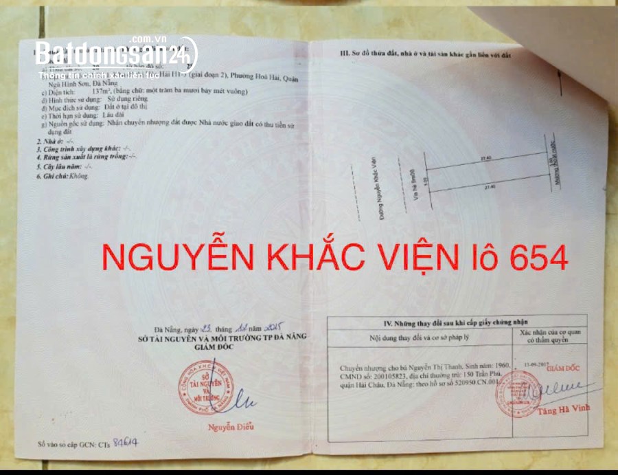 12.7tỷ, 137m2.Đất đường Nguyễn Khắc Viện, Phường Ngũ Hành Sơn, nhìn ra Biển Sơn Thủy 
