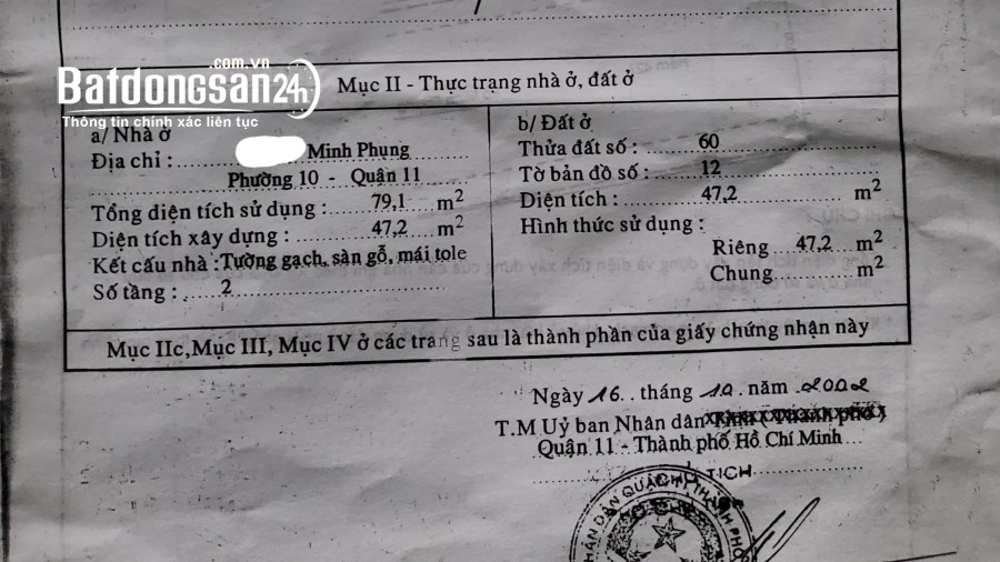 Bán nhà Đường Minh Phụng, Phường Bình Thới (Quận 11 cũ), Hồ Chí Minh