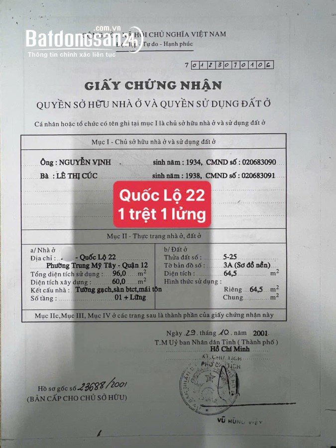 Bán nhà 1 trệt 1 lửng Quốc Lộ 22, Phường Trung Mỹ Tây (Quận 12 cũ), TP Hồ Chí Minh
