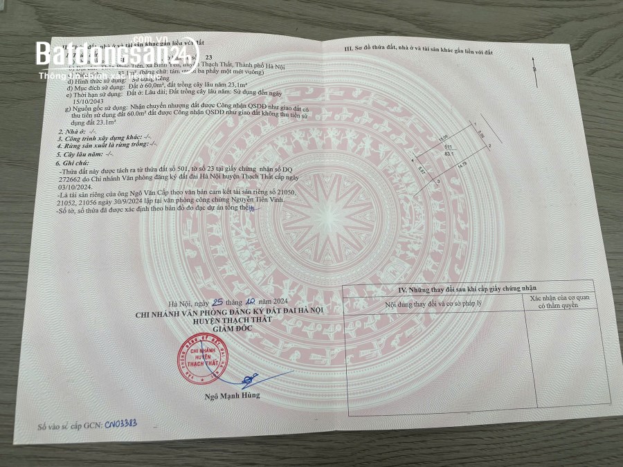 Bán đất nền phân lô Đường Tỉnh lộ 420, Xã Hạ Bằng (H Thạch Thất cũ), TP Hà Nội