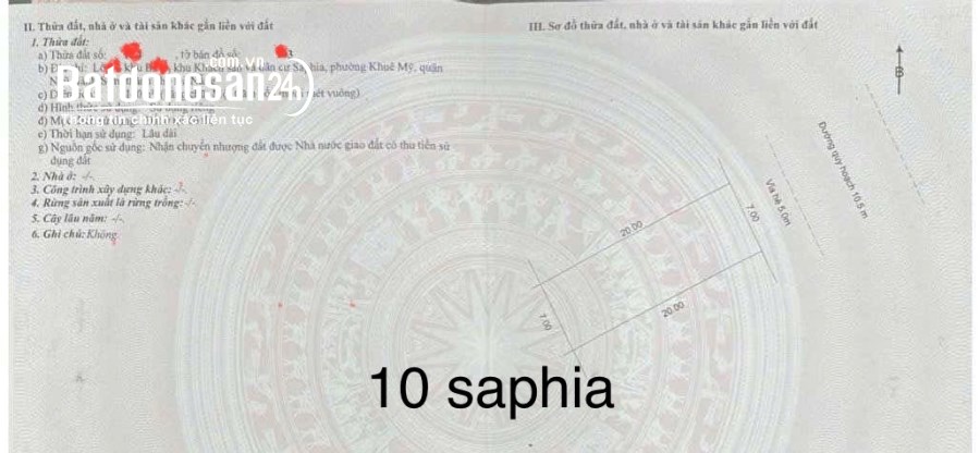 19tỷ/140m2.Đất đường  10,5M ,khu SaPhia, nhìn ra Biển Sơn Thủy .H:Đông