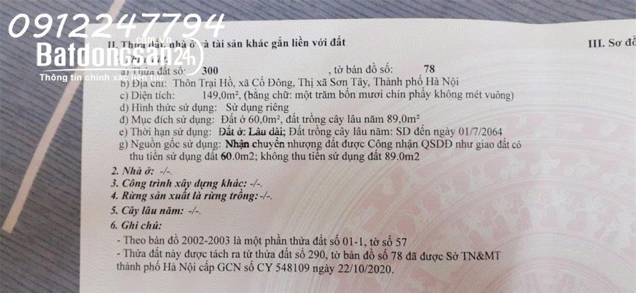 Chính chủ (không qua môi giới) bán đất thôn Trại Hồ, Cổ Đông, Sơn Tây, giá: 18 tr/m2