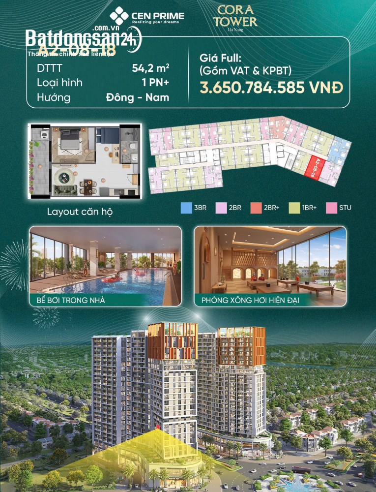 Bán căn hộ 1 phòng ngủ + của dự án Cora Tower - Hòa Xuân - điện tích lên đến 71m2