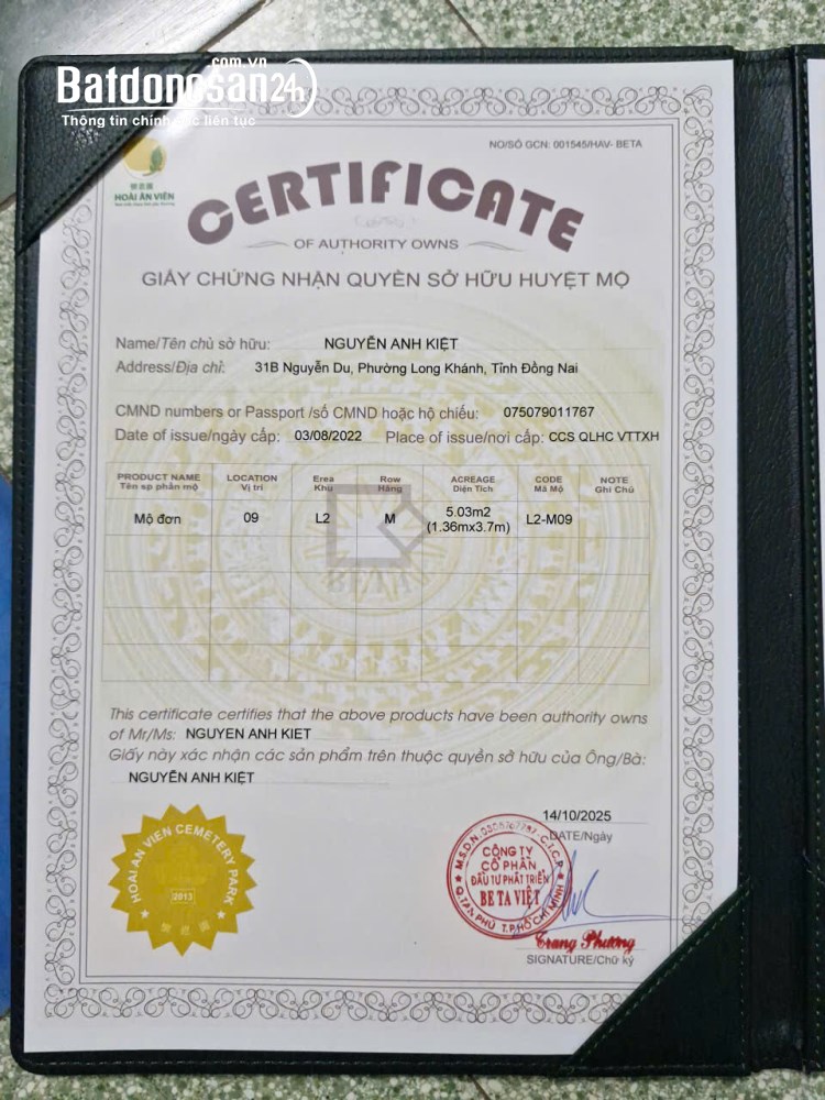Bán đất Huyệt mộ đơn khu Công viên Nghĩa trang Hoài Ân Viên, P. Hàng Gòn, Long Khánh
