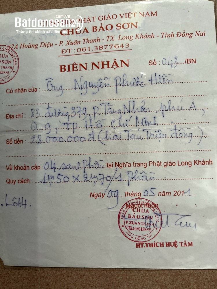 Bán đất mộ Nghĩa trang Phật giáo Long Khánh, đường Hoàng Diệu, phường Xuân Thanh