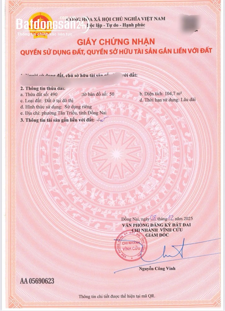 Bán đất mặt tiền Đường Hương Lộ 7, Phường Tân Triều (H Vĩnh Cửu cũ), Đồng Nai