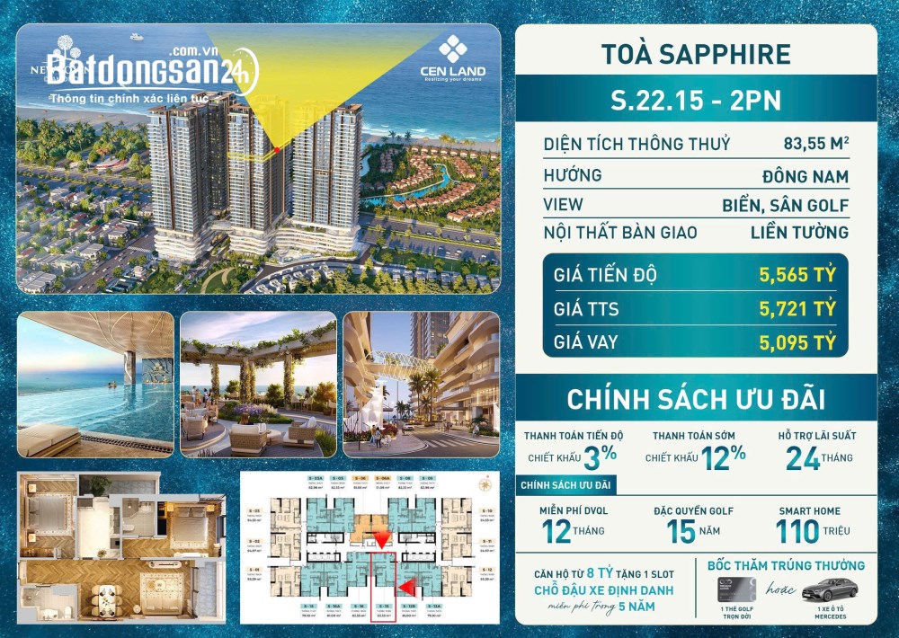 Bán căn 2PN 83m2 Newtown Danang view Biển view sân Golf giá chỉ 60tr/m2