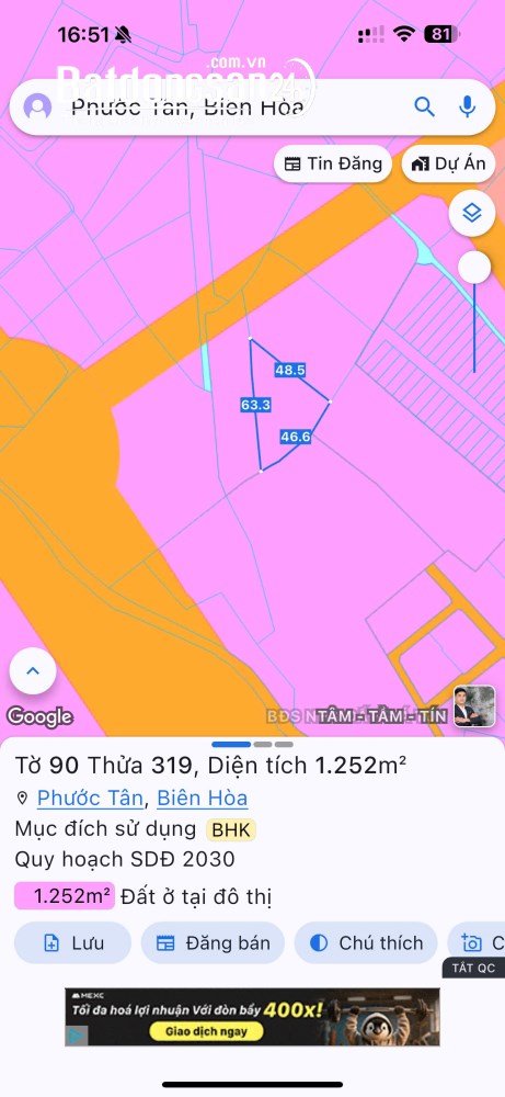 BÁN 3300M2 ĐẤT TẠI PHƯỚC TÂN - TP BIÊN HOÀ. SHR. 33 TỶ. LH:0933449988.