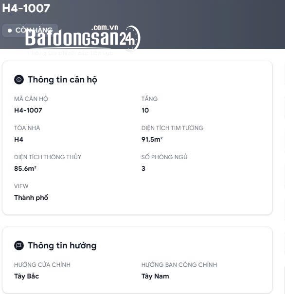 BÁN CĂN HỘ 3PN VIEW THÀNH PHỐ – H4-1007 | Hue Heritage 