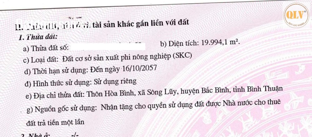BÁN ĐẤT CÔNG NGHIỆP – SÔNG LŨY, BẮC BÌNH, BÌNH THUẬN – 19.994m²