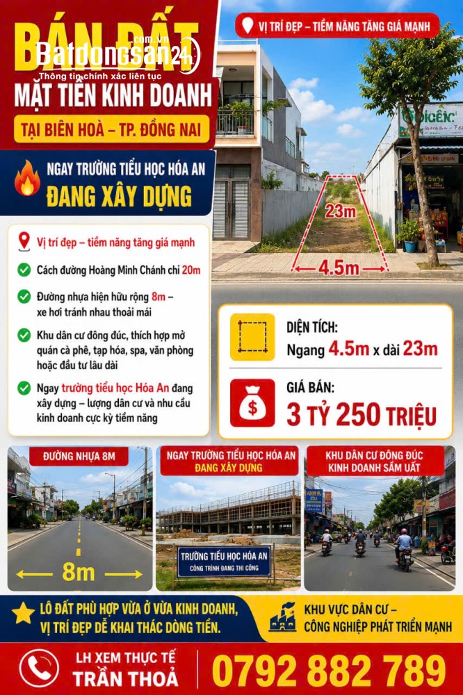 Đất ngay trường tiểu học Hóa An đang xây dựng – Hoàng Minh Chánh/Đồng Nai – 84m2 – giá 3.25 tỷ