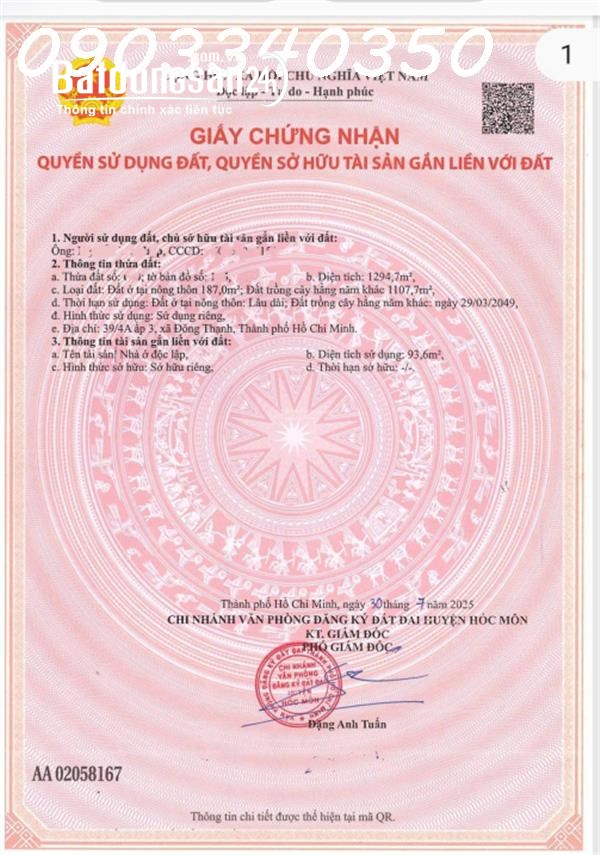 BÁN ĐẤT KÈM NHÀ CẤP 4 – ĐÔNG THẠNH, HÓC MÔN, TP.HCM | 1.294,7m²