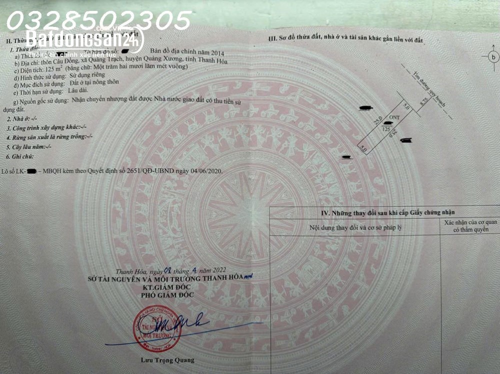 Chính chủ bán nhanh lô đất 125m2, giá 1,25 tỷ, Xã Quảng Yên, Tỉnh Thanh Hóa