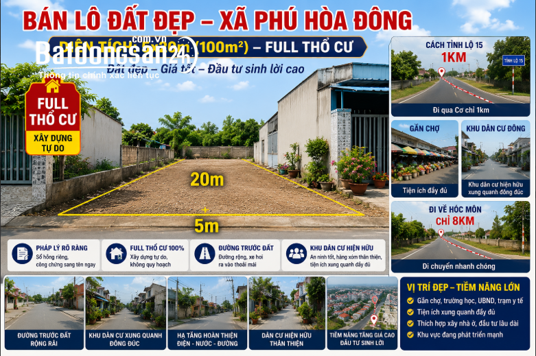 2 LÔ ĐẤT ĐẸP 5x20M FULL THỔ CƯ –1.4 TỶ/LÔ – BAO PHÍ, Phú Hòa Đông, TP. HCM.