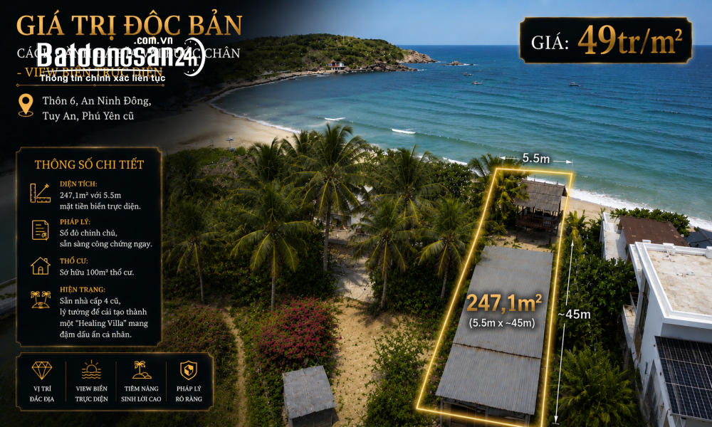 Đất MẶT BIỂN 100m2 THỔ CƯ - Giá 12,1 tỷ, sát GÀNH ĐÁ DĨA PHÚ YÊN, sổ đỏ chính chủ