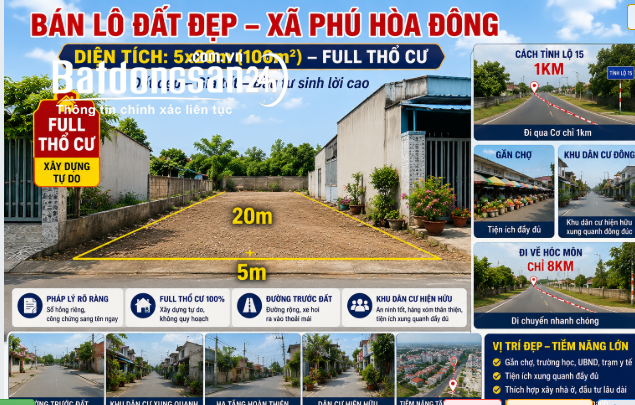  2 Lô Đất Full Thổ Cư Phú Hòa Đông – Củ Chi – 5x20m – Giá Chỉ 1.4 Tỷ Bao Sang Tên
