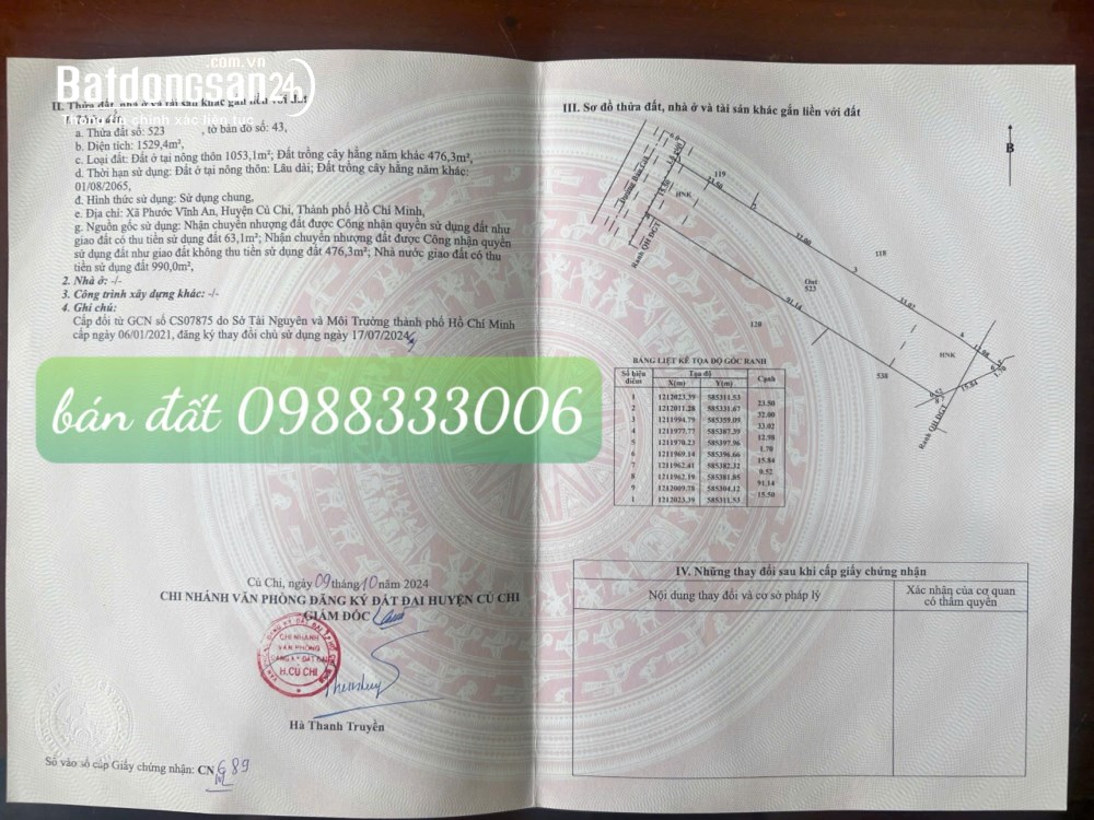 BÁN ĐẤT MT ĐƯỜNG BẦU GIÃ, CỦ CHI - DT 1.529,4M2 - SHR - 17TR/M2.