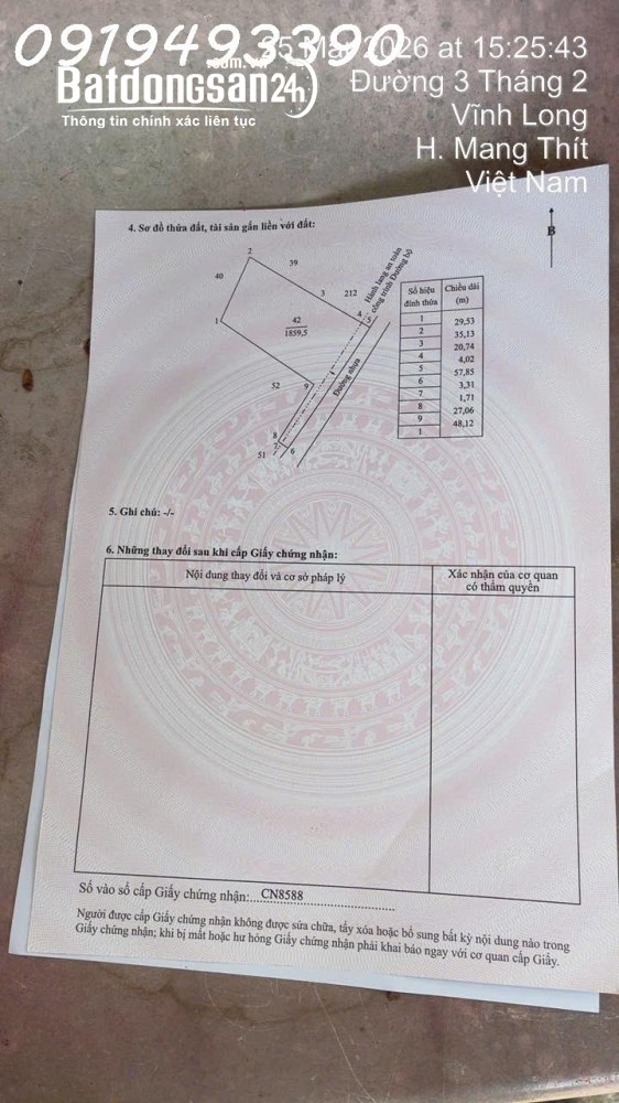Chính chủ cần bán 1.859m2 có sẵn 300m2 thổ cư ngang 57m, giá 1.3 tỷ tại Xã Quới An, Vĩnh Long