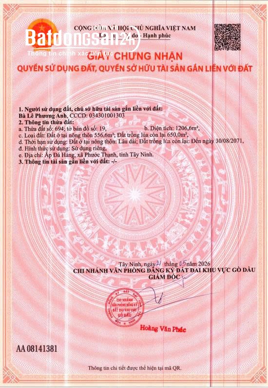 BÁN ĐẤT XÃ PHƯỚC THẠNH, TÂY NINH. 2 LÔ LIỀN KỀ. TỔNG DIỆN TÍCH 1556 M2 - SHR. 