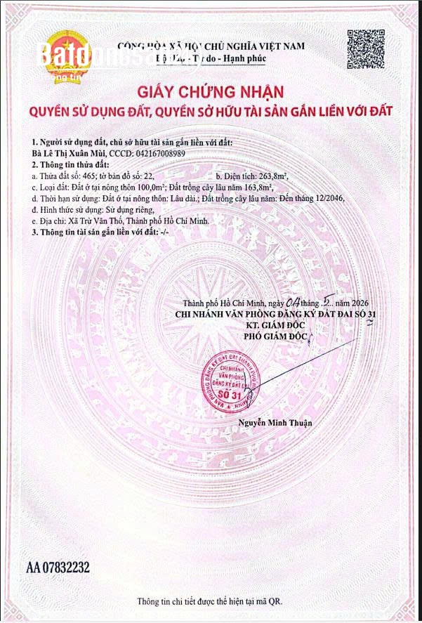 Bán đất 264m2, có 100m2 TC, pháp lý đầy đủ, giá 950 tr, Đ. Trừ Văn Thố, P. Bến Cát, TP. HCM.
