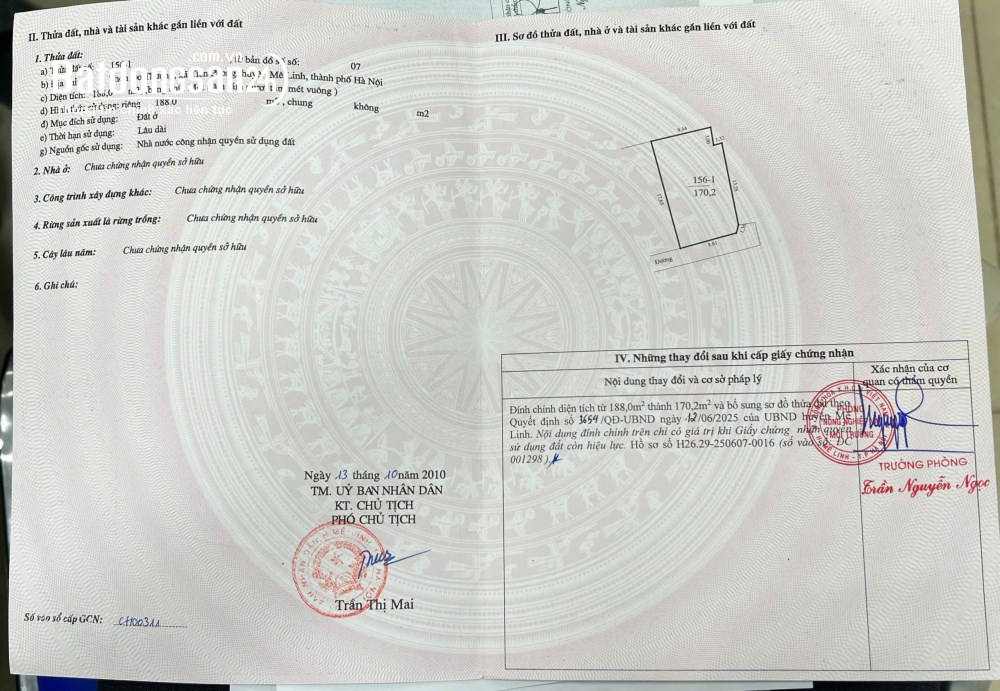 Chào bán 170m2, giá 55tr/m2, đất thổ cư Do Thượng- Tiền Phong- Mê Linh sổ đỏ trao tay