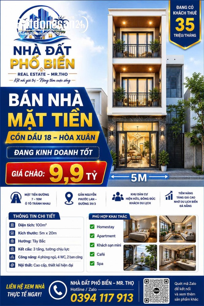 Nhà mặt tiền 100m2, 3 tầng, dòng tiền 35 tr/th, giá 9.9 tỷ, P. Hòa Xuân (H Hòa Vang cũ), TP Đà Nẵng