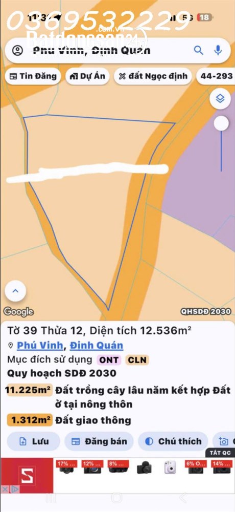 Chính chủ cần bán 2000m2 hoặc 3000m2 đất 2 mặt tiền Phú Vinh, Định Quán, Đồng Nai