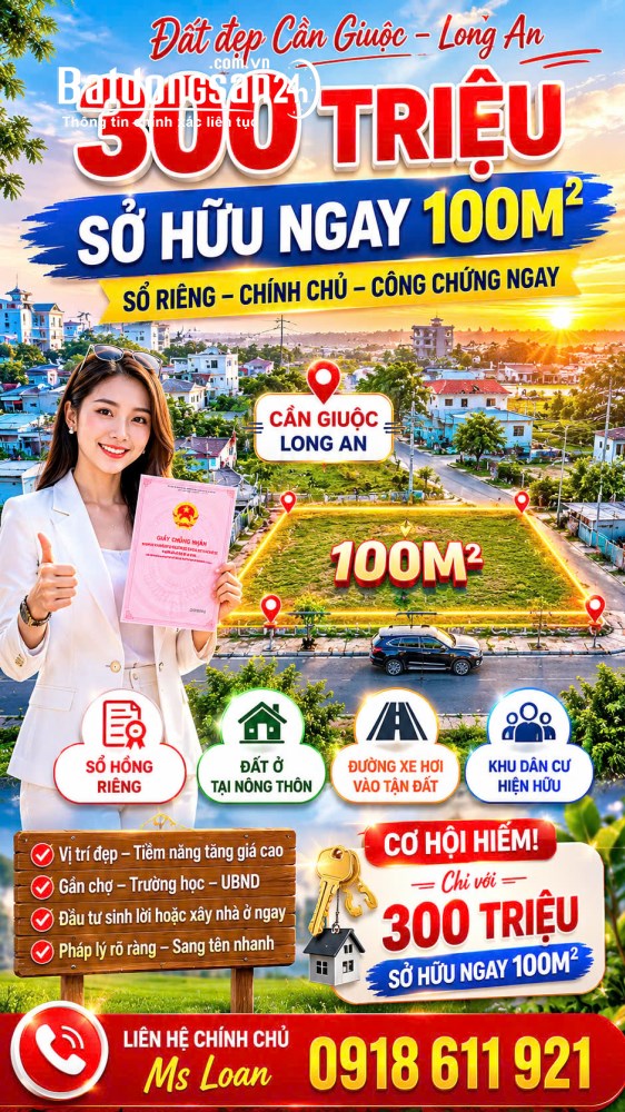 Bán đất 100m2, giá 300 tr, đường xe vào tận đất, Tỉnh lộ 826C, Xã Cần Giuộc, Tỉnh Tây Ninh.