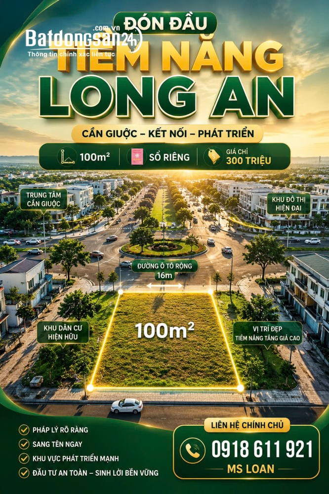 Bán đất 100m2, giá 300 tr, đường xe vào tận đất, Tỉnh lộ 826C, Xã Cần Giuộc, Tỉnh Tây Ninh.