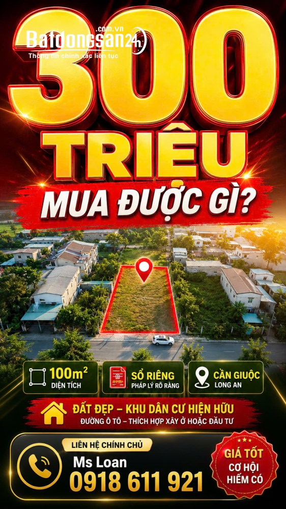 Bán đất 100m2, giá 300 tr, đường xe vào tận đất, Tỉnh lộ 826C, Xã Cần Giuộc, Tỉnh Tây Ninh.