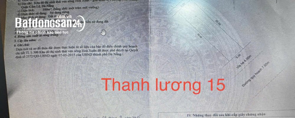 6,2 tỷ/100m2. BÁN ĐẤT THANH LƯƠNG 15 - HƯỚNG ĐÔNG NAM , HÒA XUÂN, Đà Nẵng