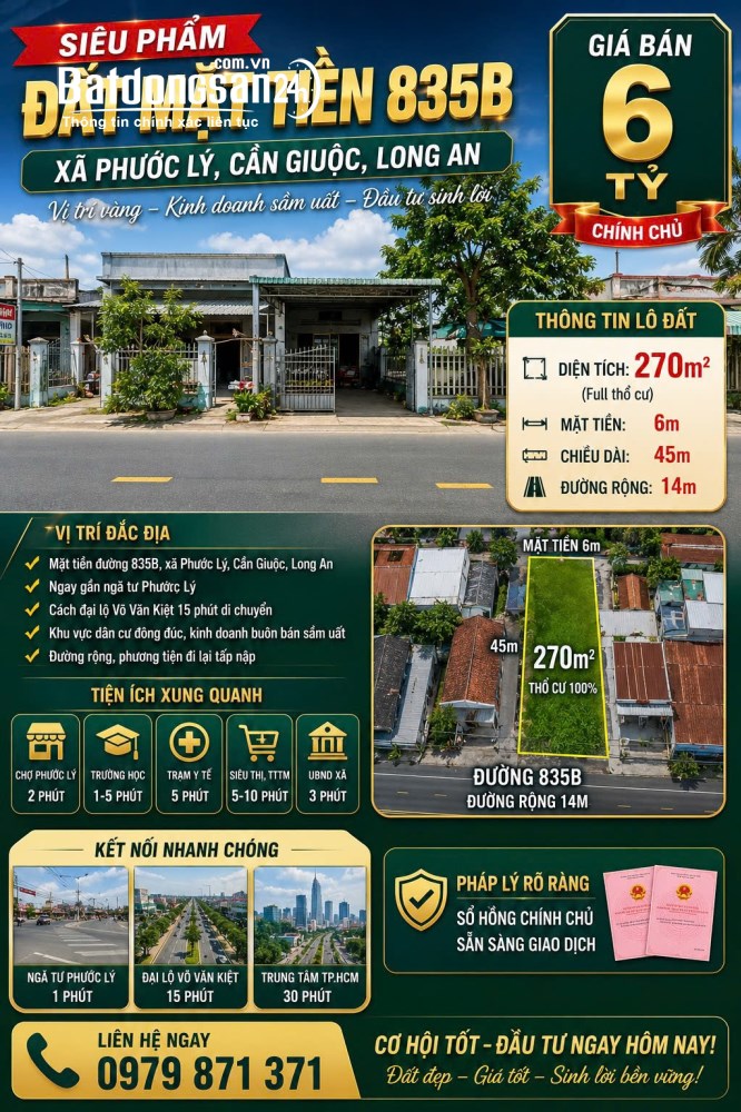Bán đất 270m2, giá đầu tư, Tỉnh lộ 835B, Xã Phước Lý (Huyện Cần Giuộc cũ), Tây Ninh.
