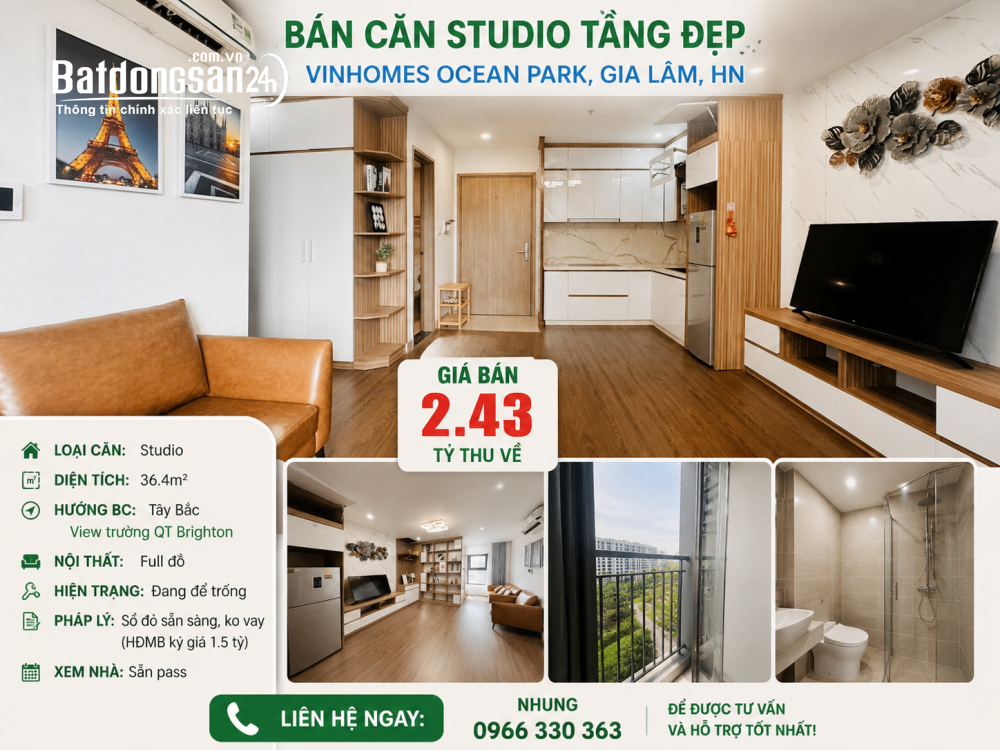 Bán căn hộ Studio Vinhomes Ocean Park Gia Lâm, diện tích 36.4m², giá 2.43 tỷ.